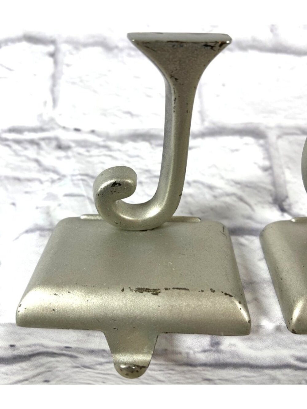Vintage Pottery Barn Silver JOY Christmas Stocking Holders Weighted Mantel Hooks - Picture 3 of 12